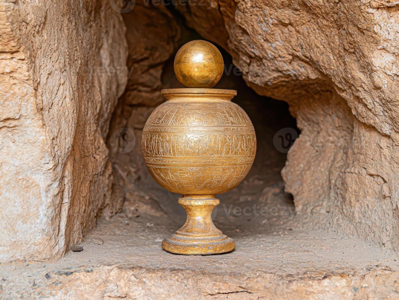 Ancient golden urn with engravings sits in a stone alcove photo