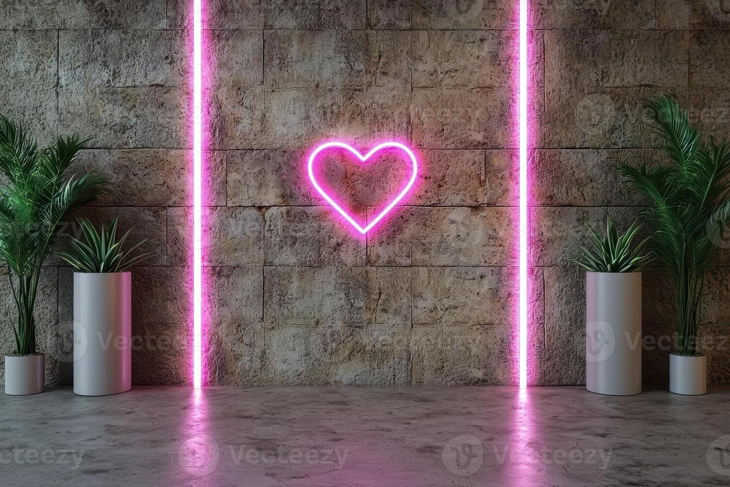 Pink neon heart sign on a textured wall with plants photo