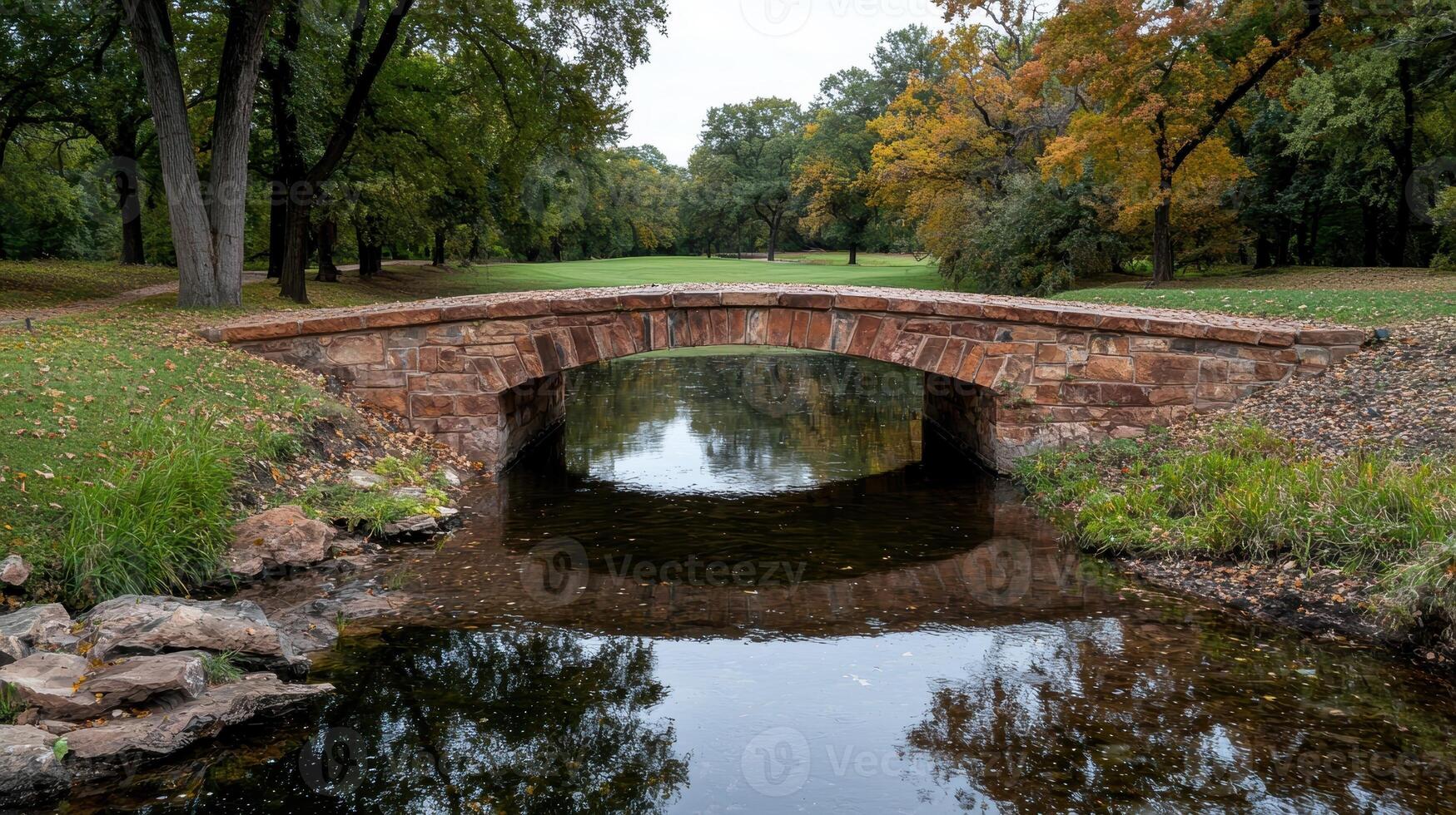 Stone bridge over calm water in autumn park photo