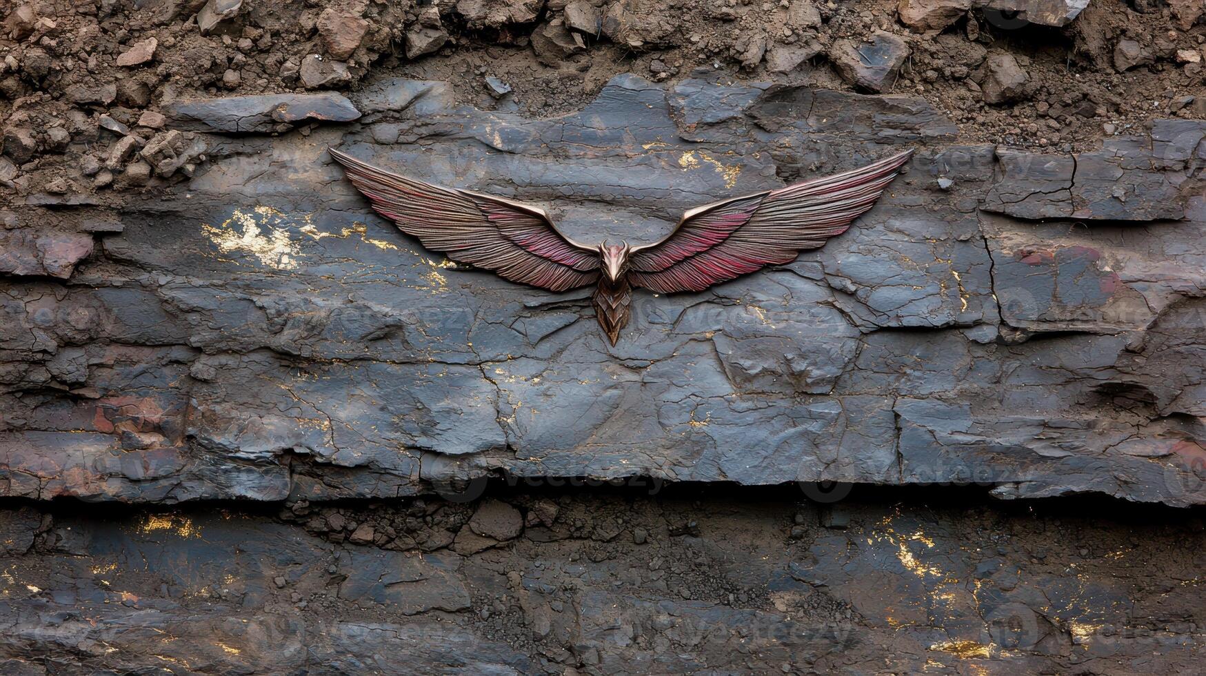Bronze bird carving on dark stone wall photo