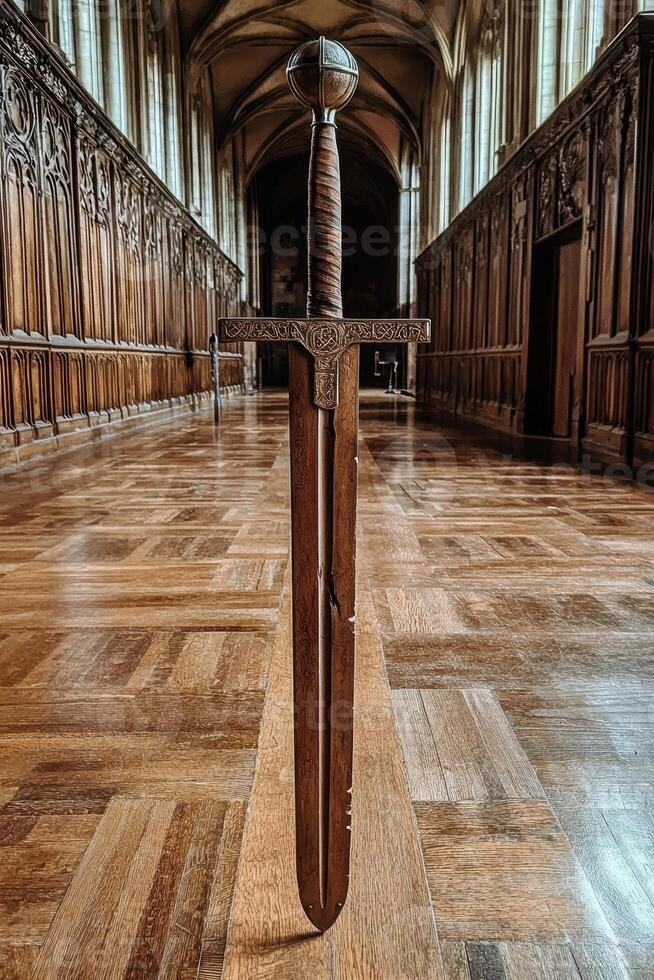 Ancient sword on wooden floor in a cathedral photo