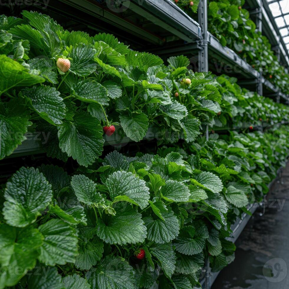 Rows of lush strawberry plants growing in a vertical farm setting photo