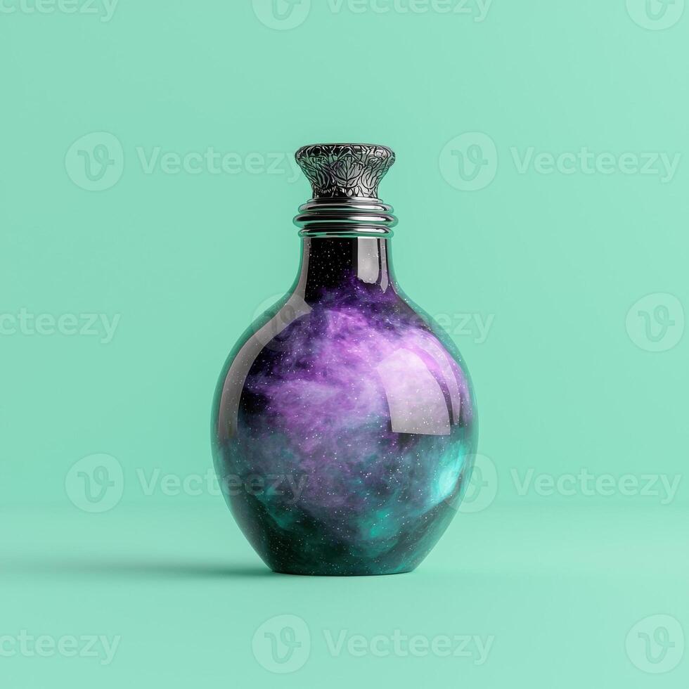 Galaxy themed glass bottle with ornate silver cap photo