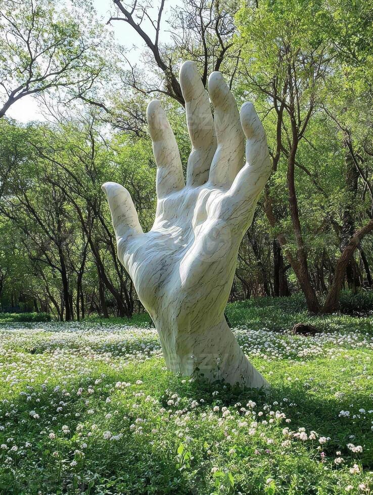 Giant hand sculpture emerging from a field of flowers photo