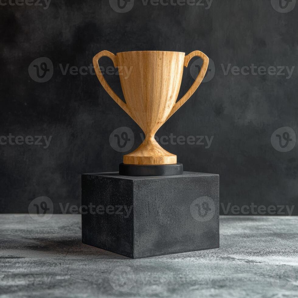Wooden trophy on black cube pedestal photo