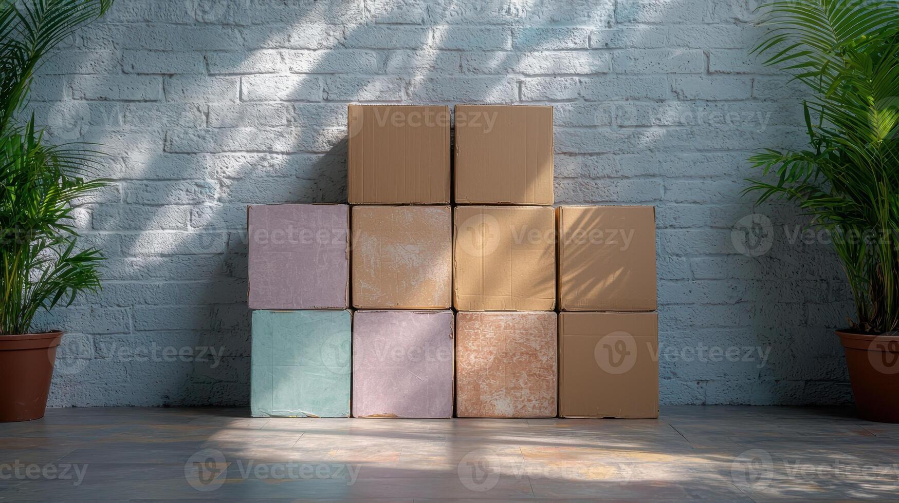Pastel colored boxes stacked against a white brick wall photo