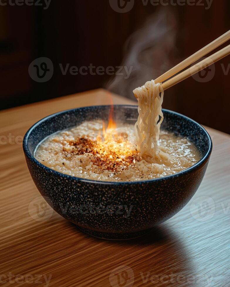 Flaming noodles in a dark blue bowl photo