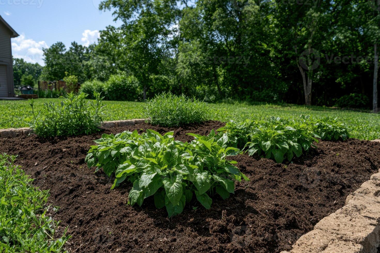 Potato plants growing in a raised garden bed photo
