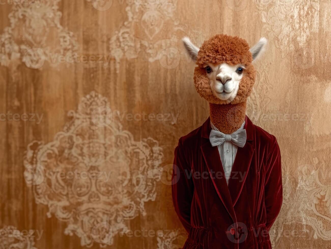 Alpaca wearing a velvet suit and bow tie photo