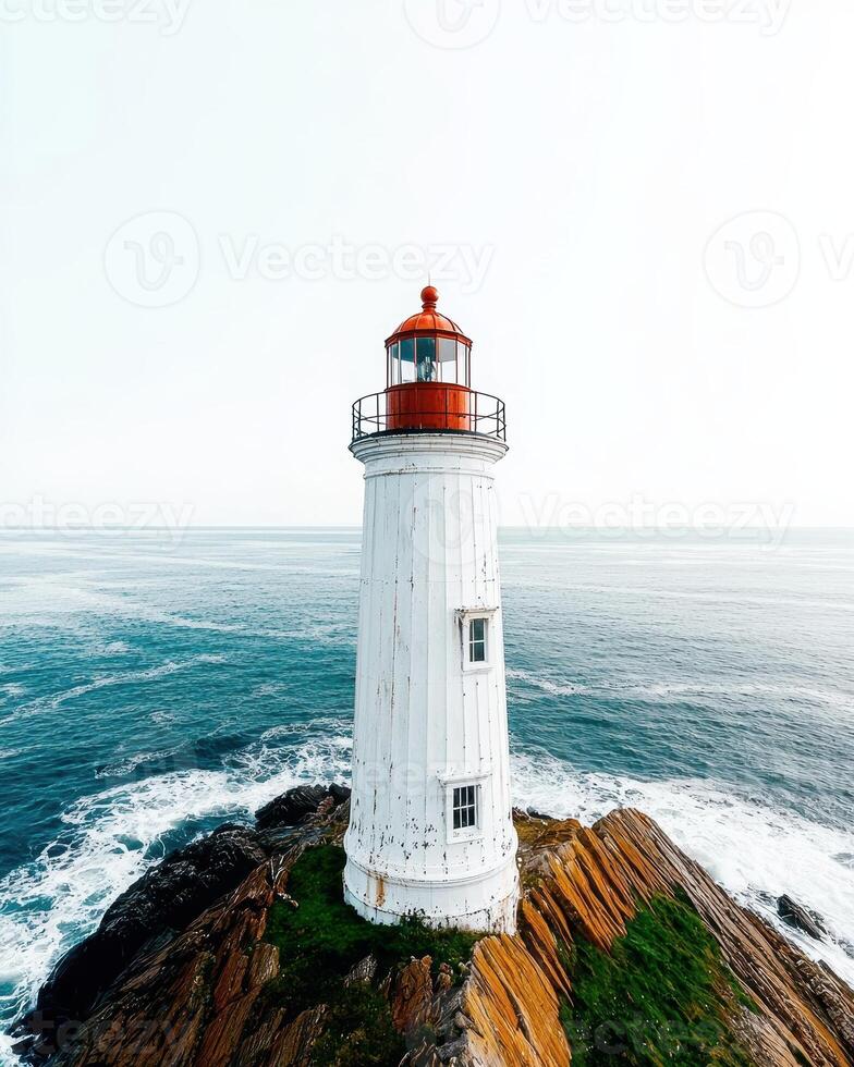 Lighthouse on a rocky coast with waves crashing against the rocks photo