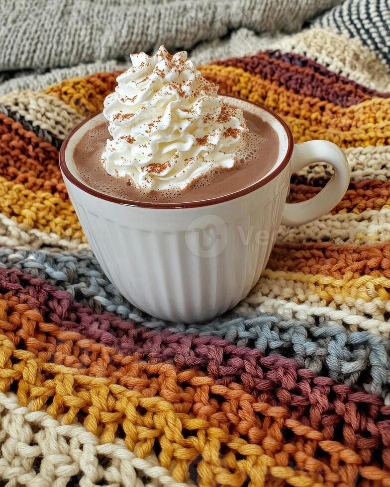 Cozy autumn evening with a warm mug of hot chocolate topped with whipped cream photo