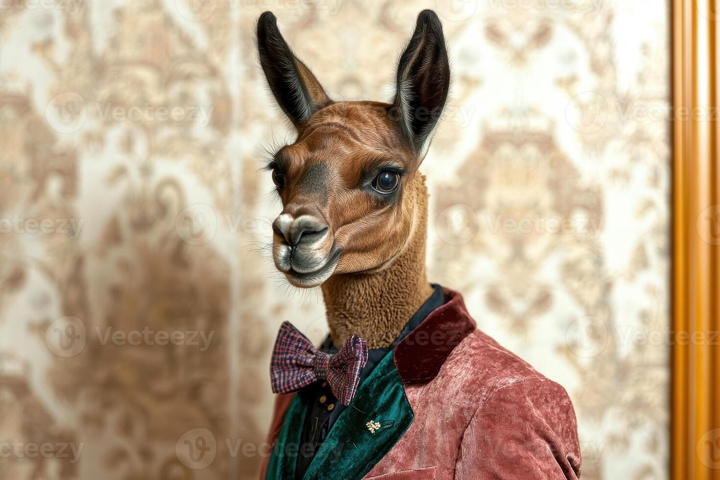 Llama in a velvet suit and bow tie photo
