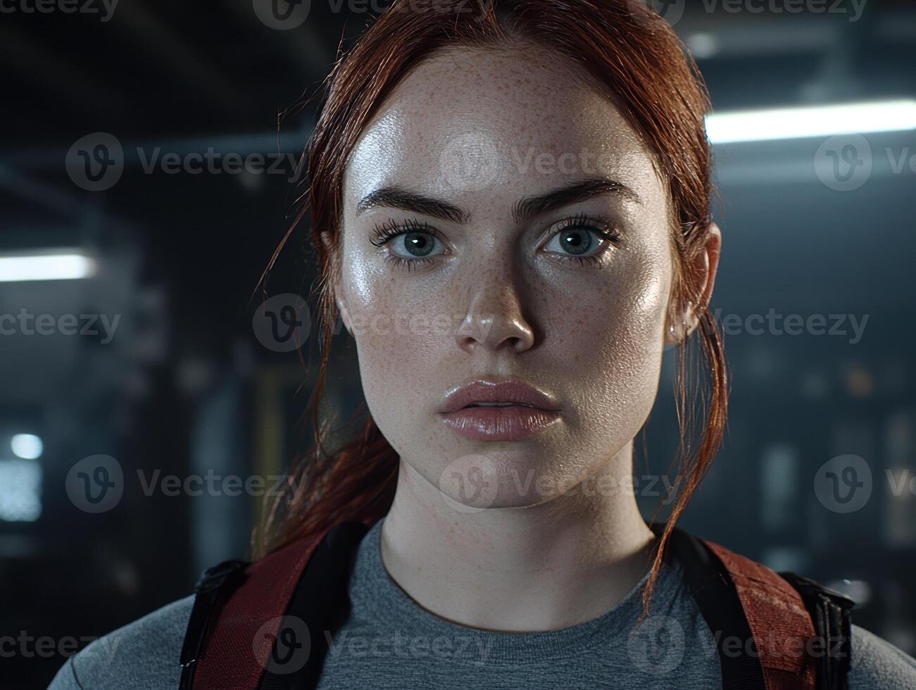 Closeup portrait of a young woman with freckles and red hair. photo