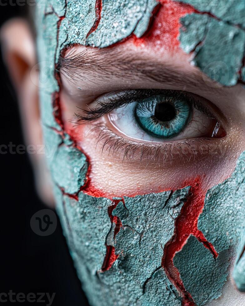 Closeup of a womans eye with cracked, textured makeup photo