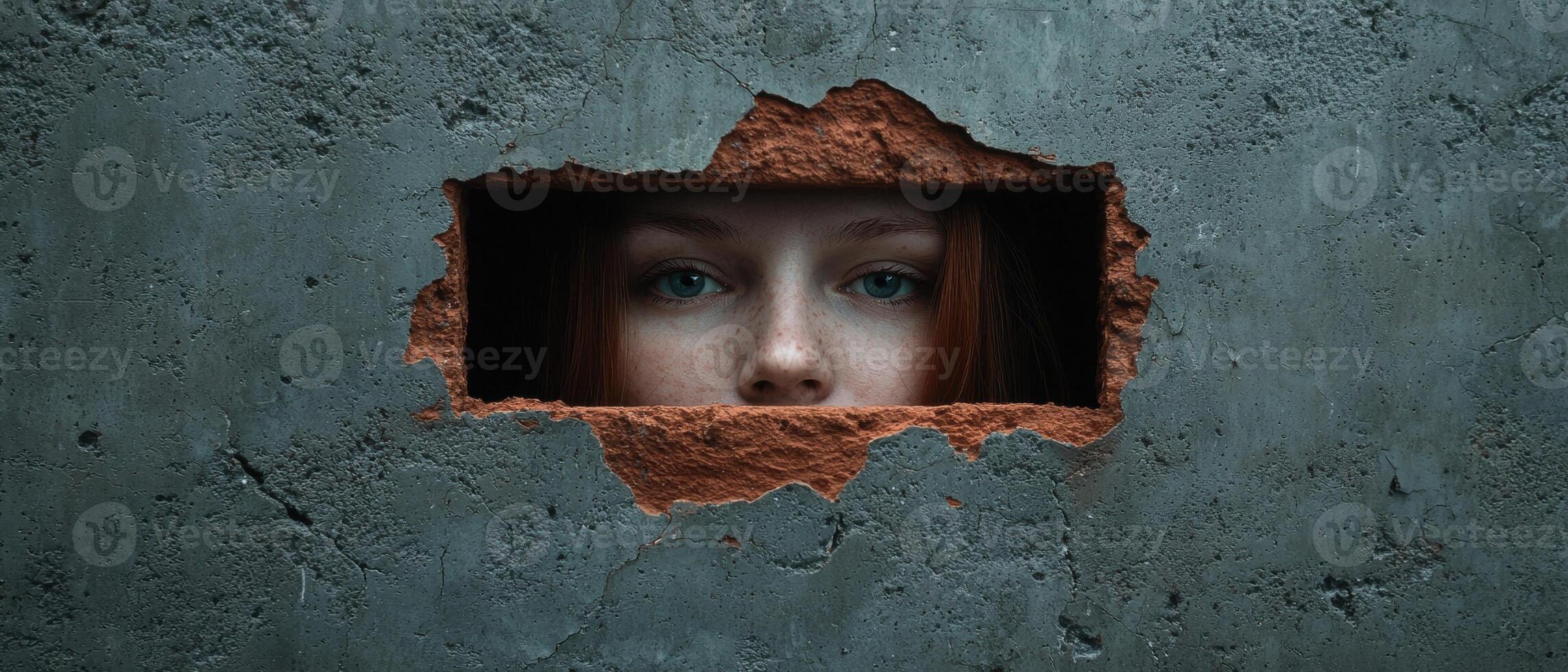 Womans face peering through a hole in a concrete wall photo