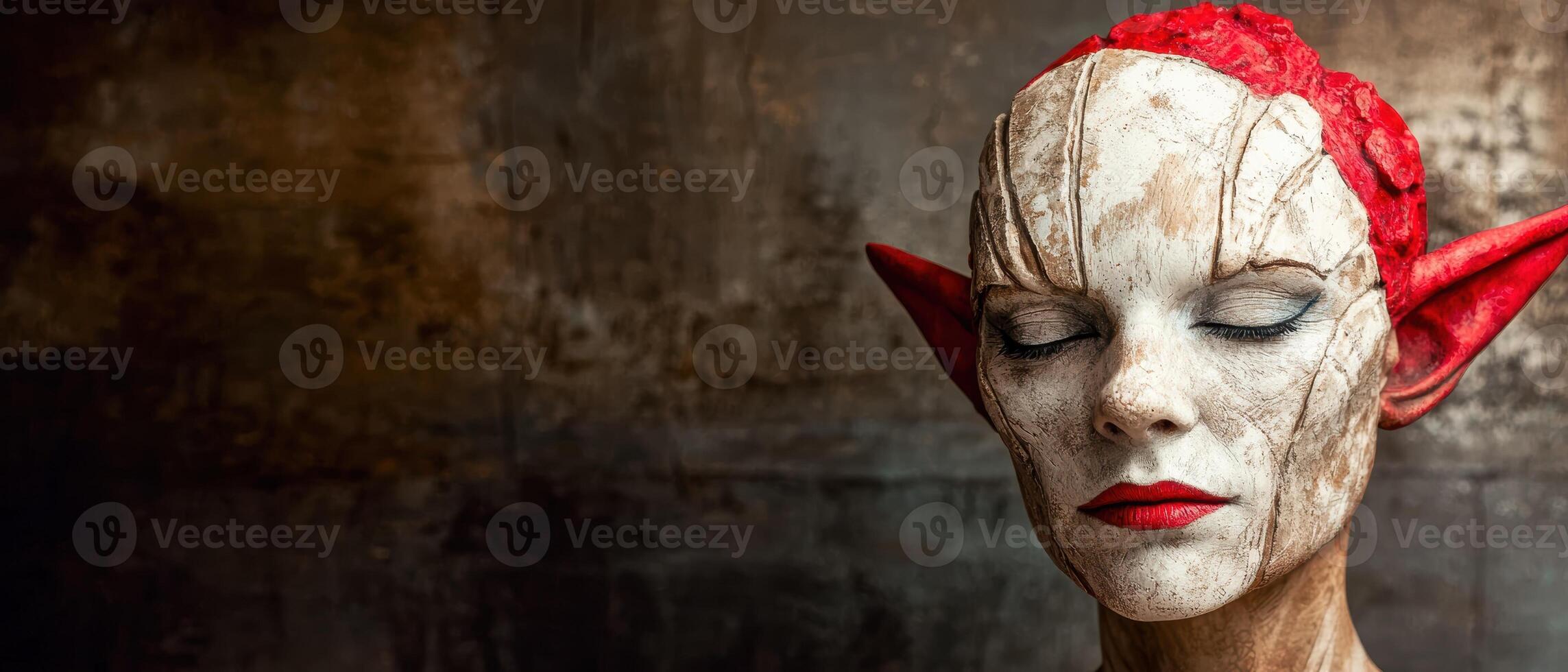Fantasy elf woman with red ears and white face paint photo