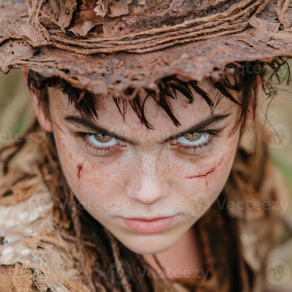 Intense gaze of a young warrior, fierce expression, dirt and grime, battle scars photo