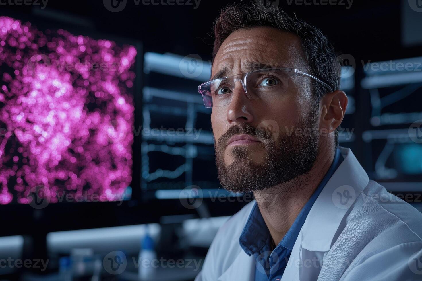 Scientist looking thoughtfully at data on computer screens photo