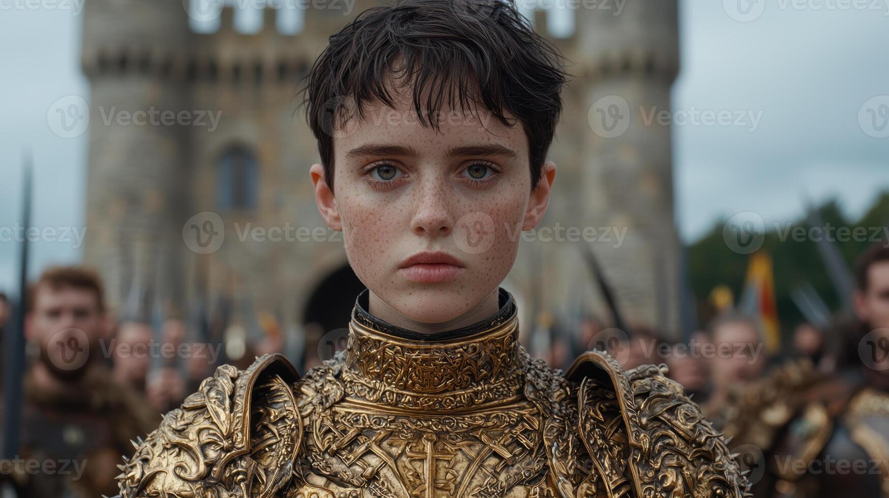 Young woman in golden armor stands before a castle photo