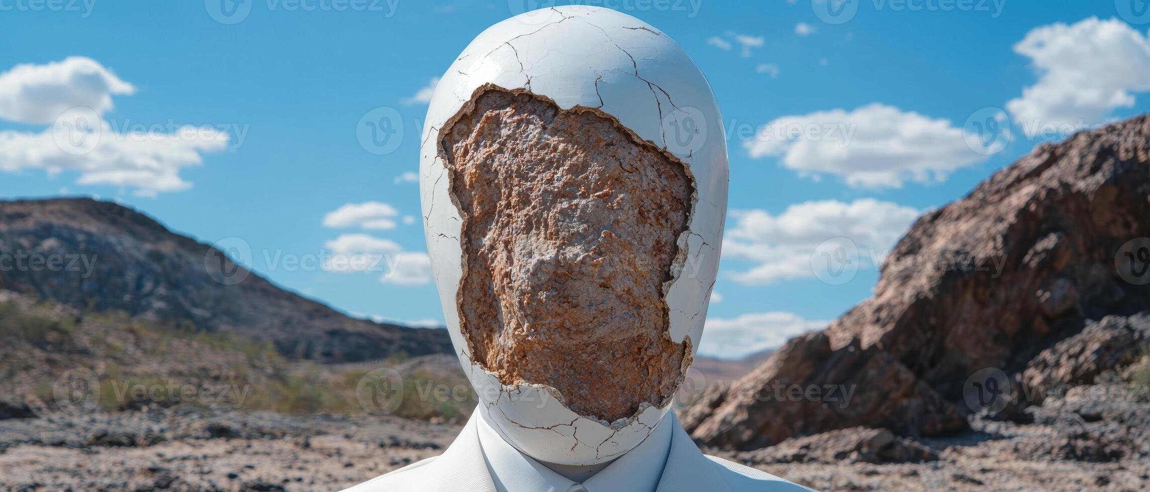 Broken statue head in desert landscape photo