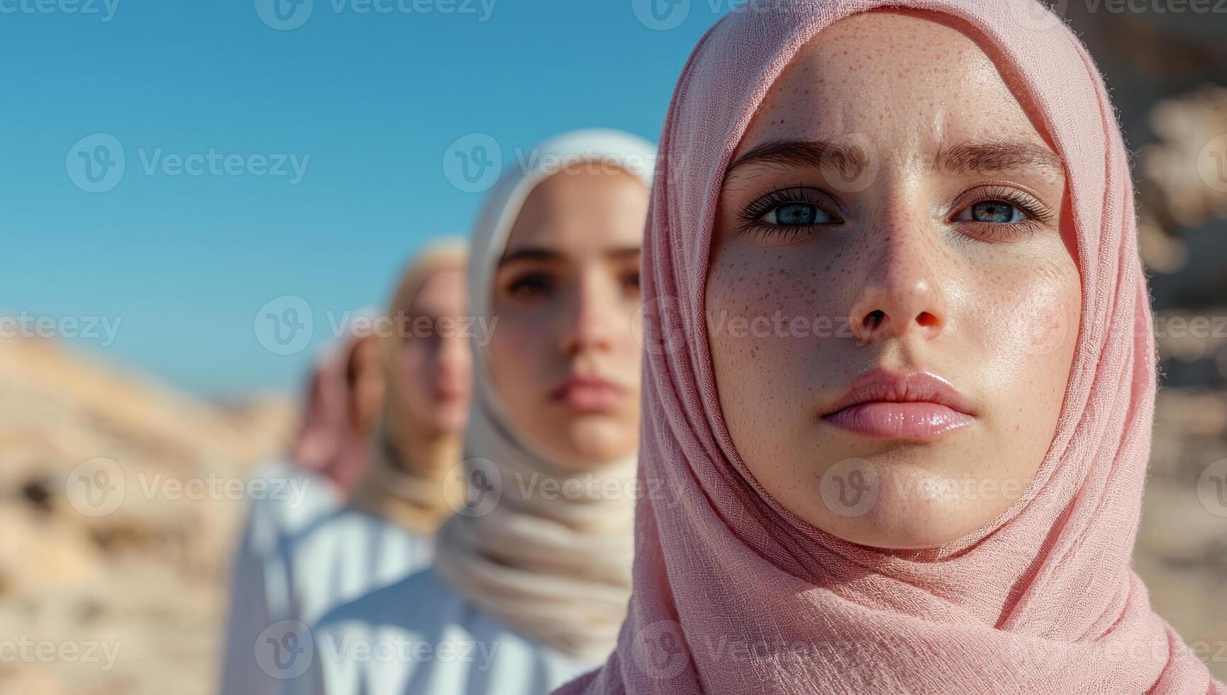 Confident women standing together in desert landscape photo
