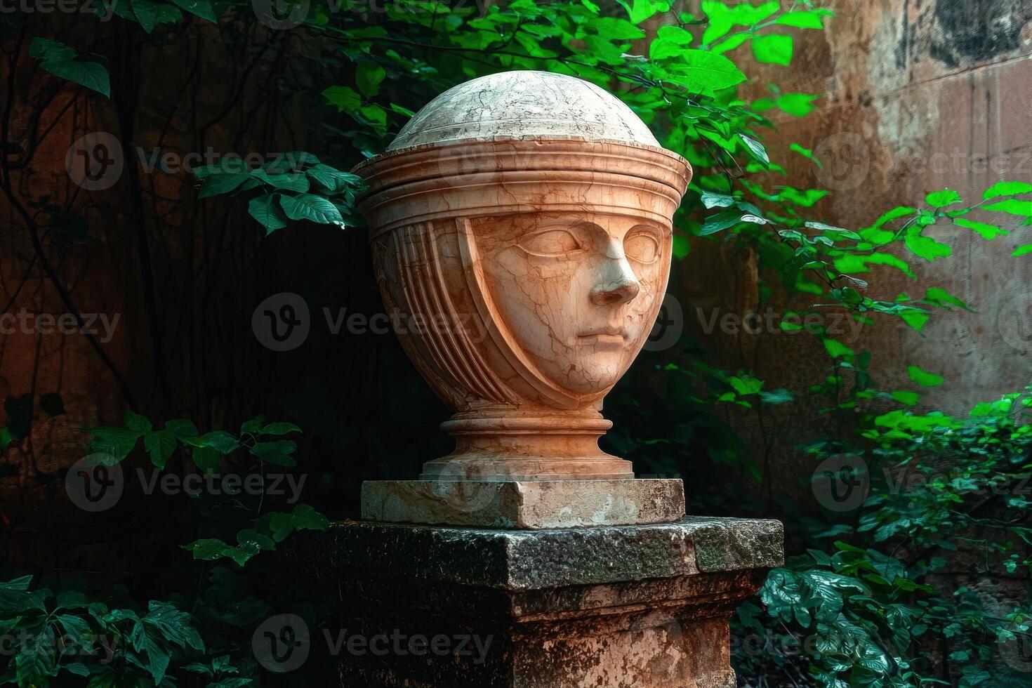 Ancient stone face sculpture in a garden setting photo