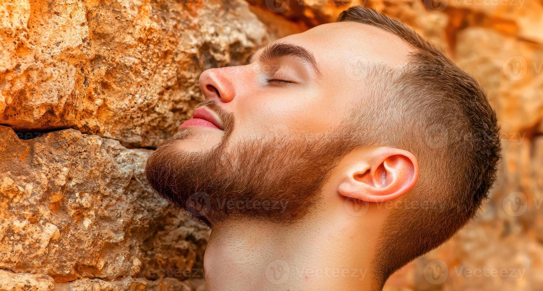 Close up profile of a young man with a beard, eyes closed, relaxing against a stone wall photo