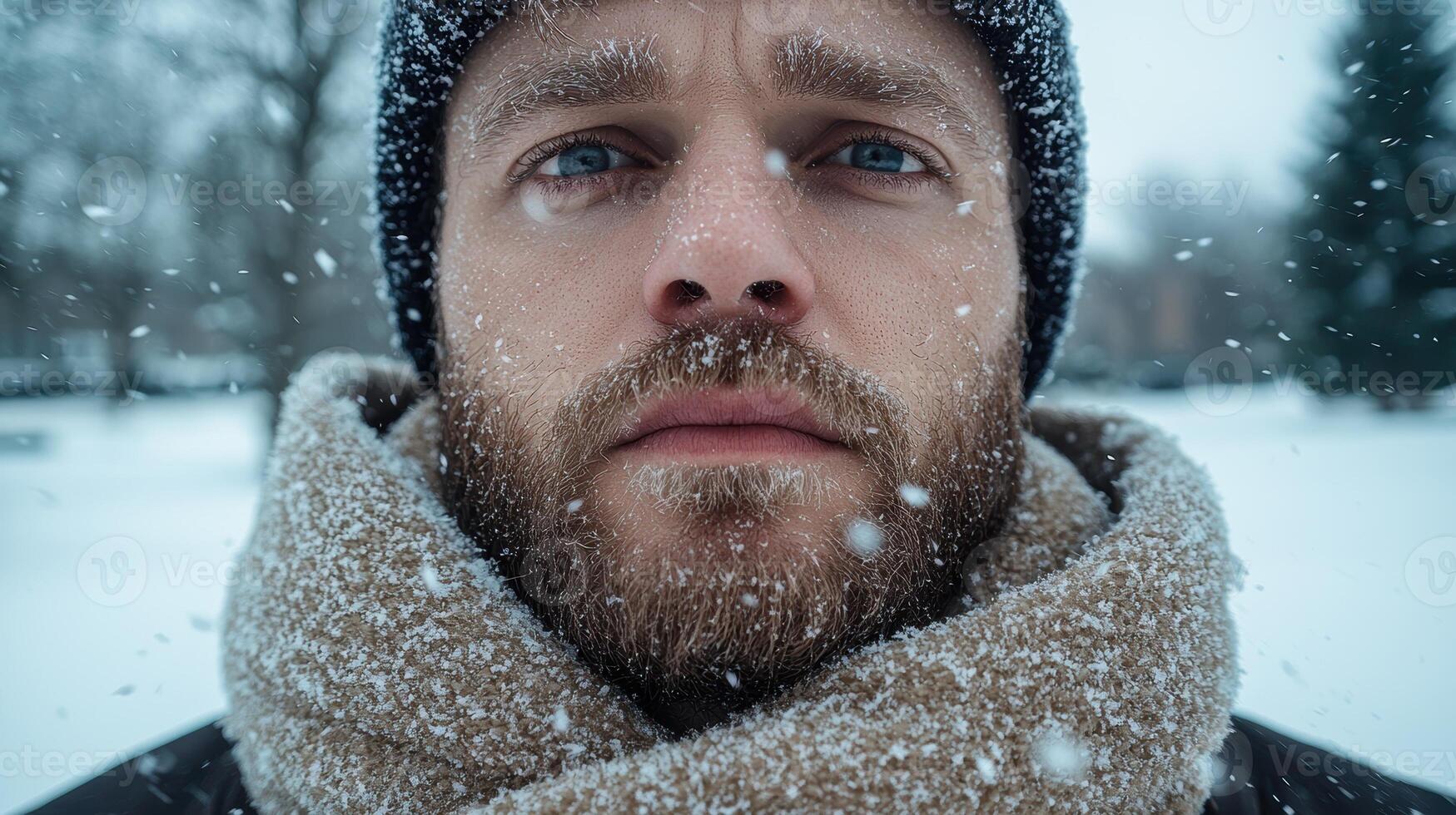 Close up of a mans face covered in snowflakes during a winter snowstorm photo