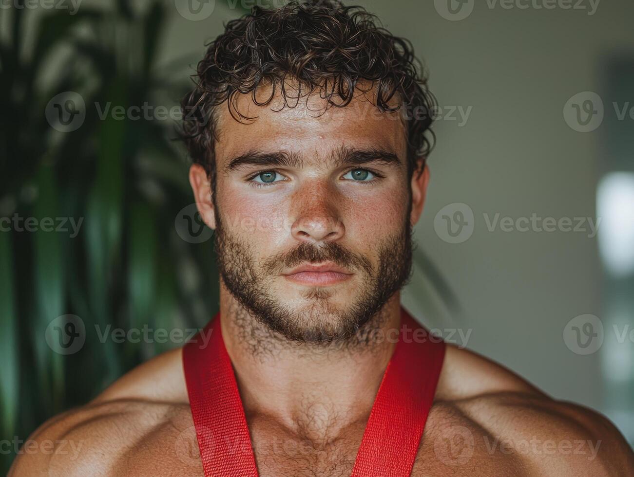 Handsome muscular man with curly hair and beard photo