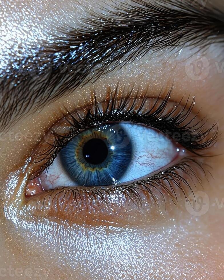 Close up of a blue eye with glitter makeup photo