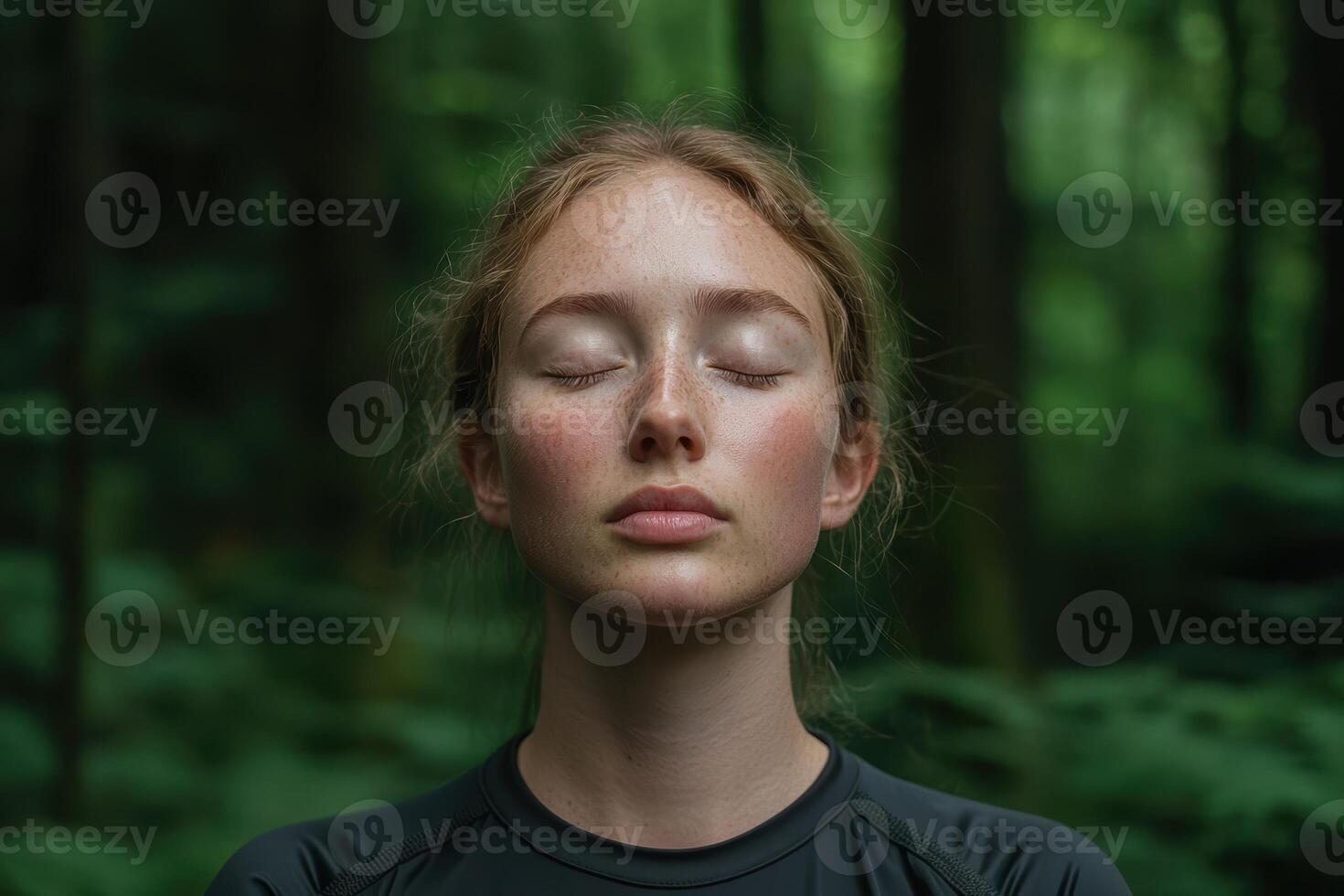 Woman meditating in a forest photo