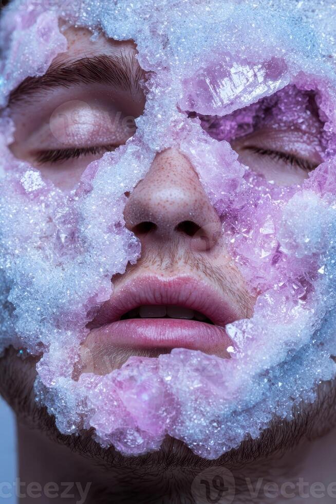 Closeup of a mans face covered in crystal like material photo