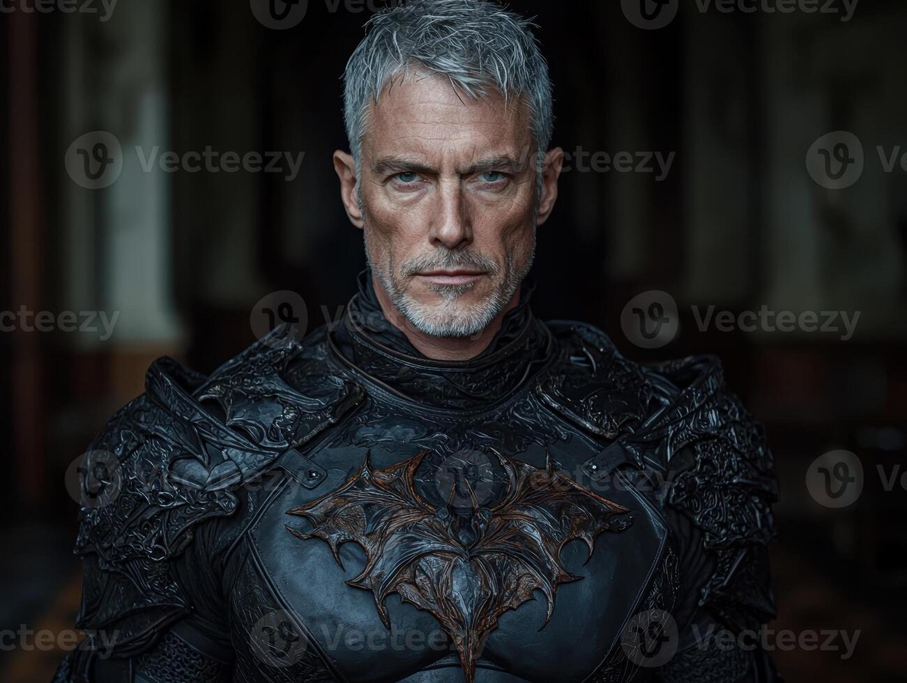 A man in dark armor stands with a serious expression photo