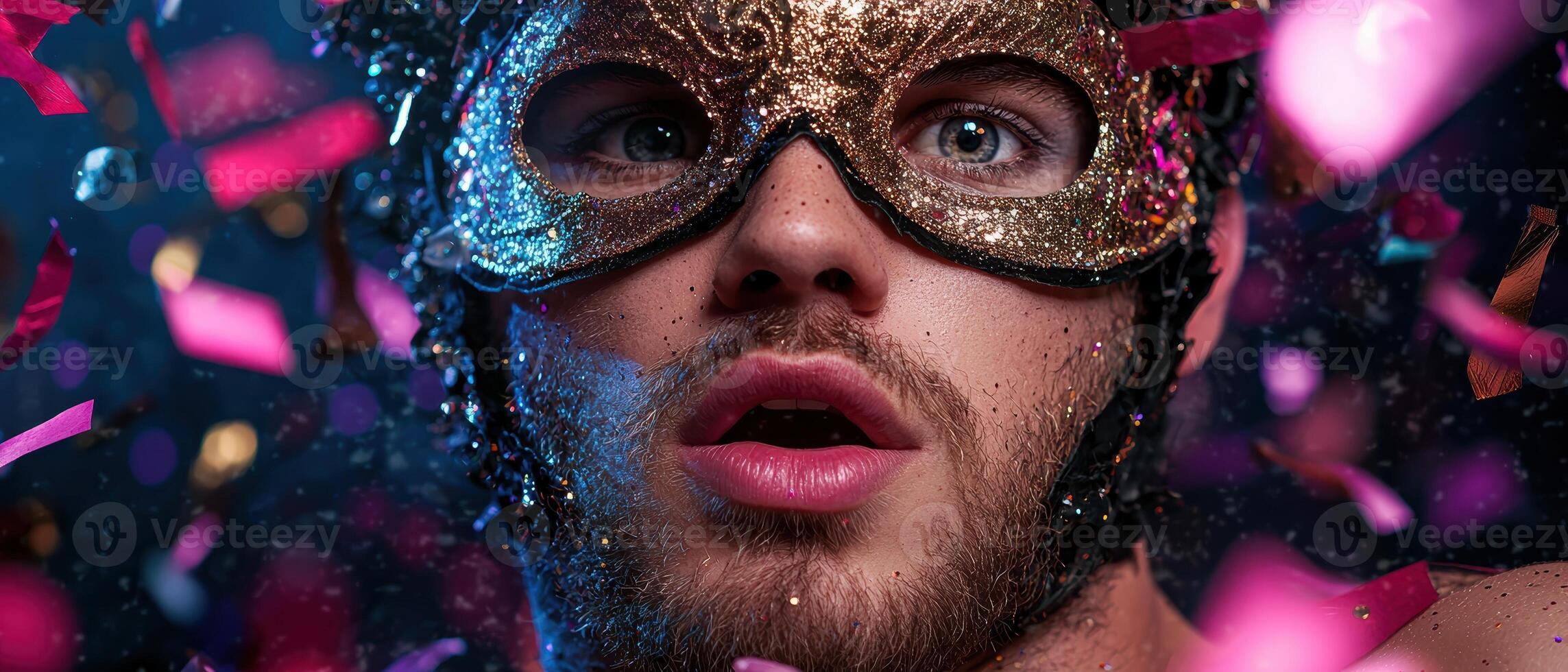 Man in mask celebrating with confetti photo