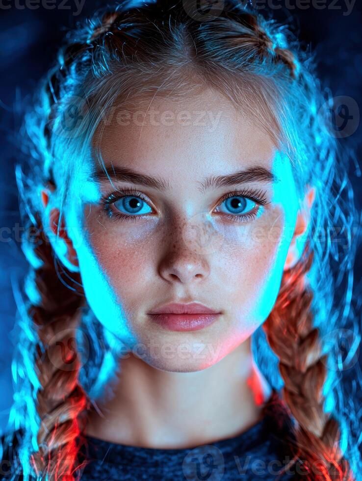 Futuristic portrait of a young woman with vibrant hair braids and glowing light effects photo