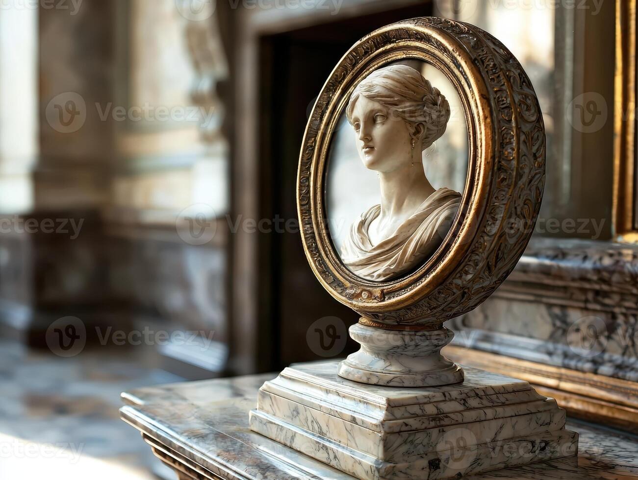Elegant bust sculpture of a woman in a gilded frame on a marble base photo