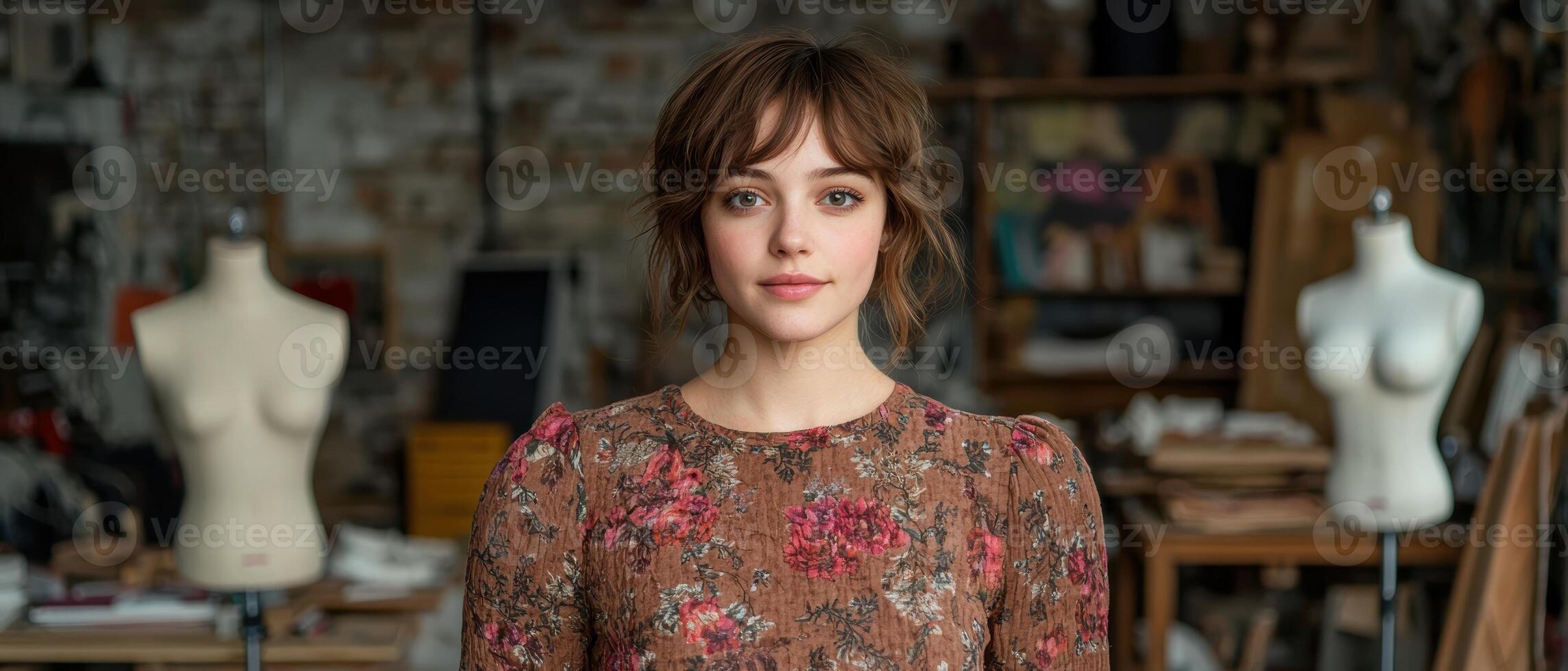 Young woman with brown hair and floral dress in art studio photo