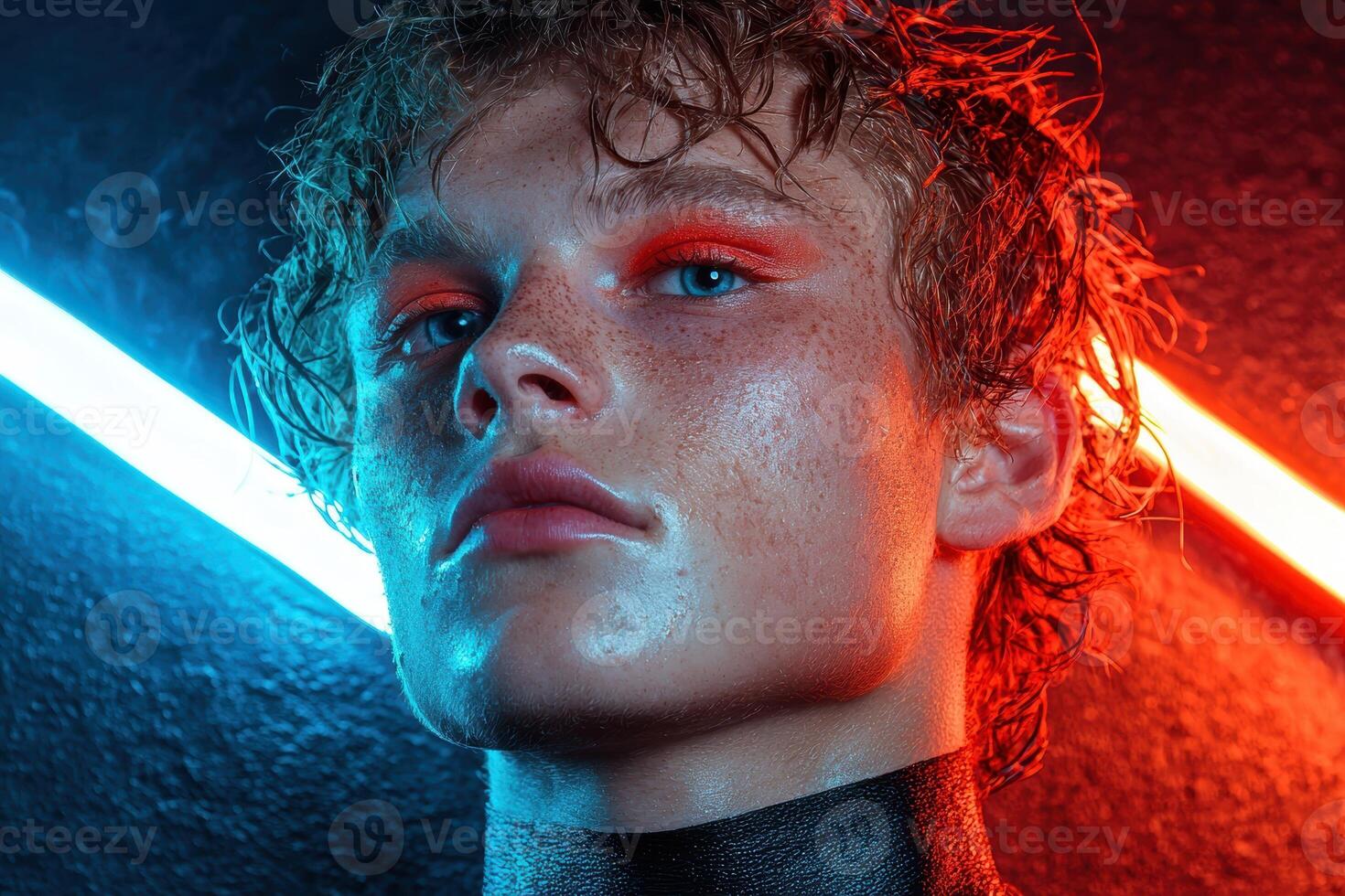 Close up portrait of a young man with freckles and wet hair, styled with orange eyeshadow, under blue and red neon lights photo