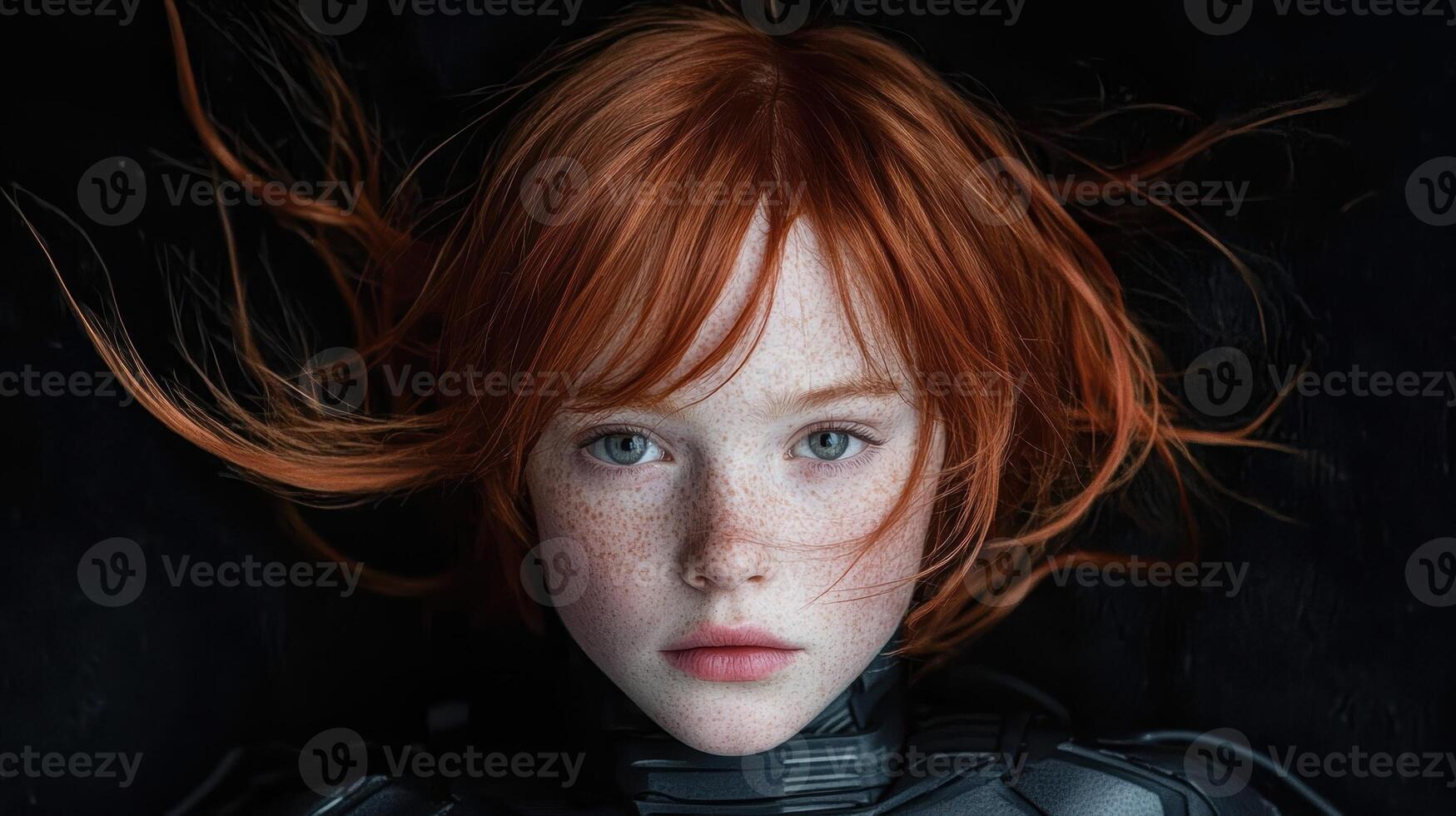 Close up portrait of a young girl with red hair and freckles photo