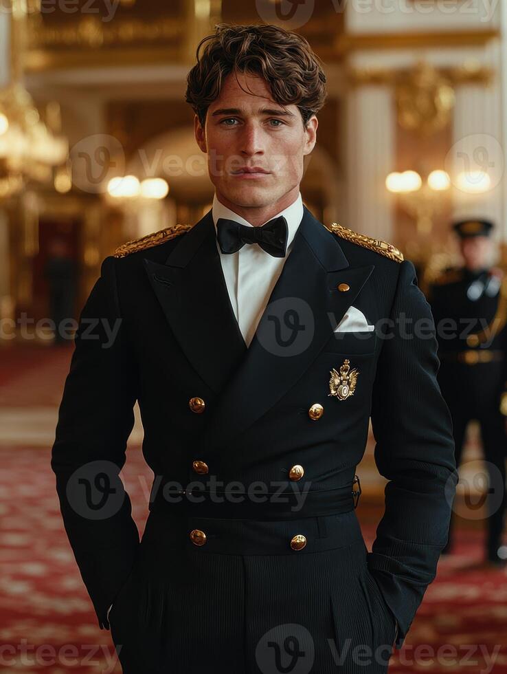 Handsome man in military style double breasted suit photo