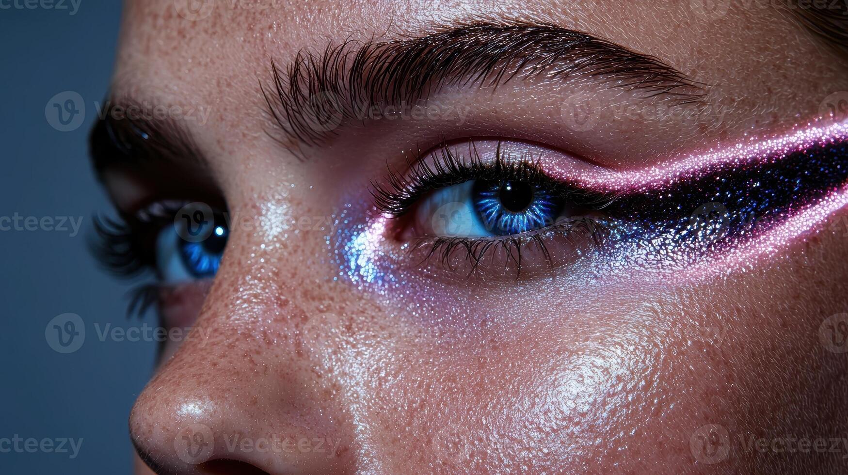 Close up of a womans eye with sparkling glitter makeup photo