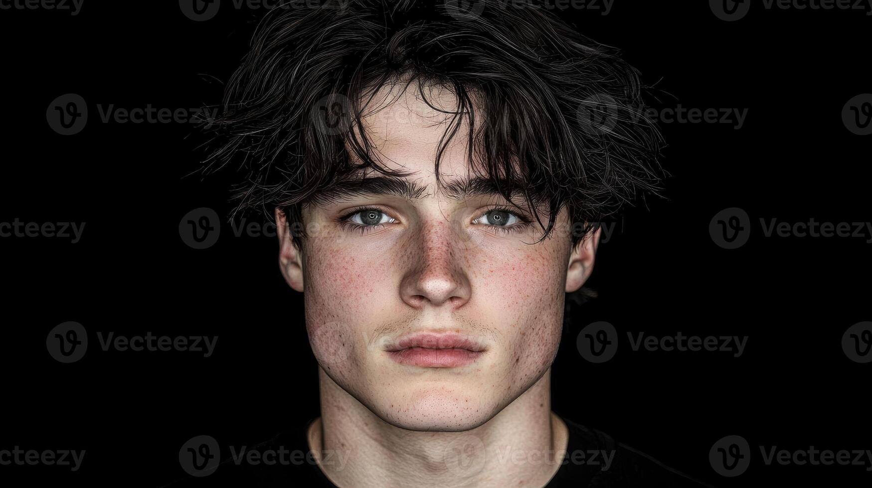 Close up portrait of a young man with freckles and dark hair photo