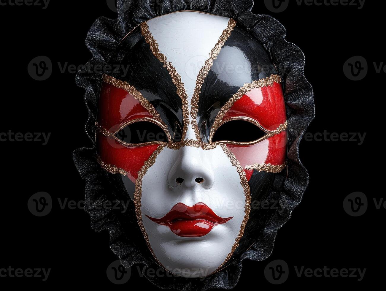 Close up of a red, black, and white venetian mask photo