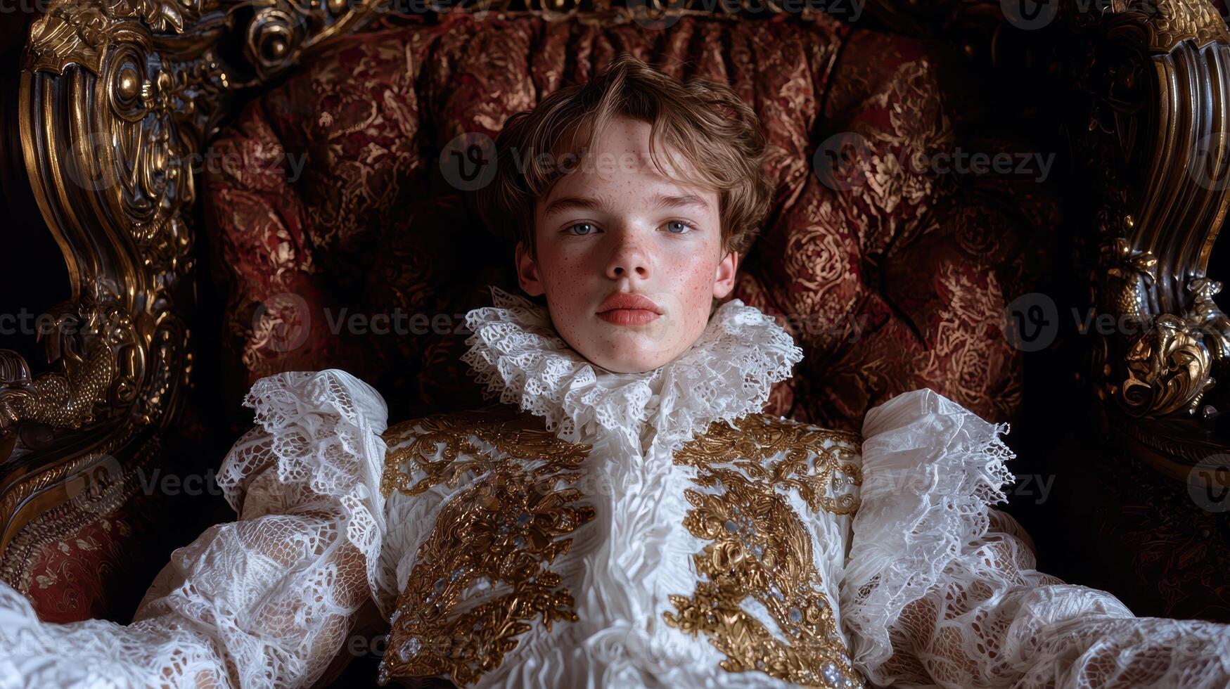 Young boy in a luxurious ornate chair wearing a regal outfit photo
