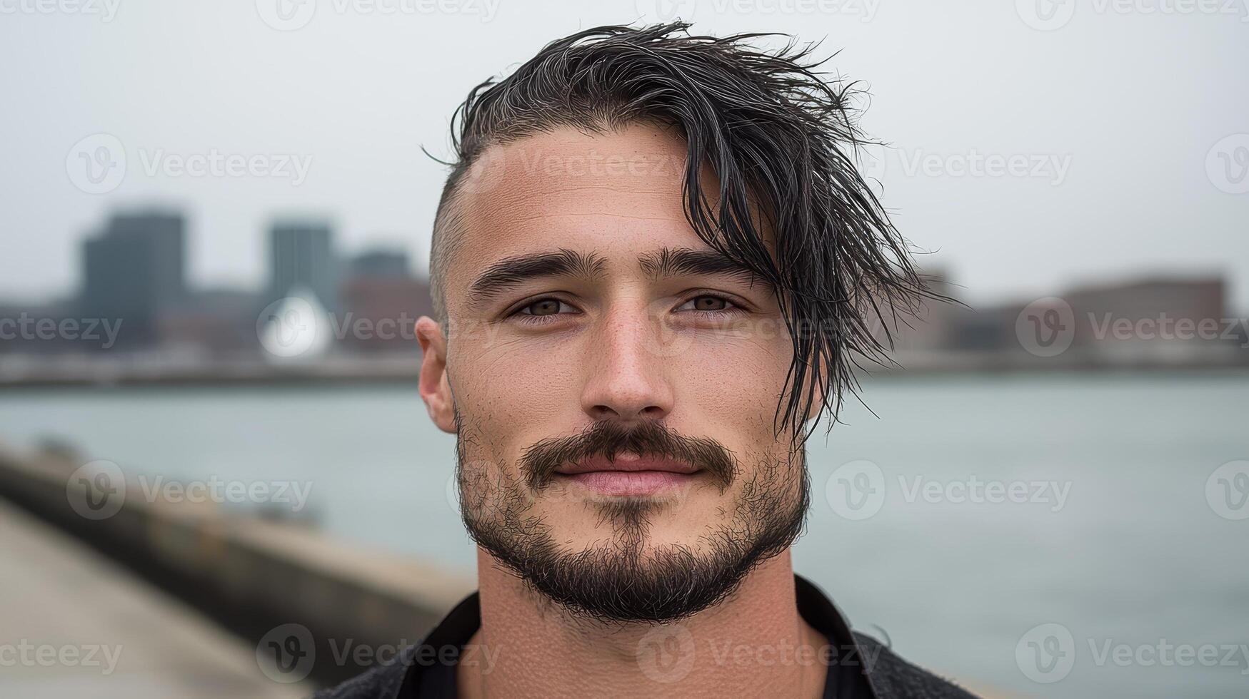 Close up portrait of a young man with a stylish haircut photo
