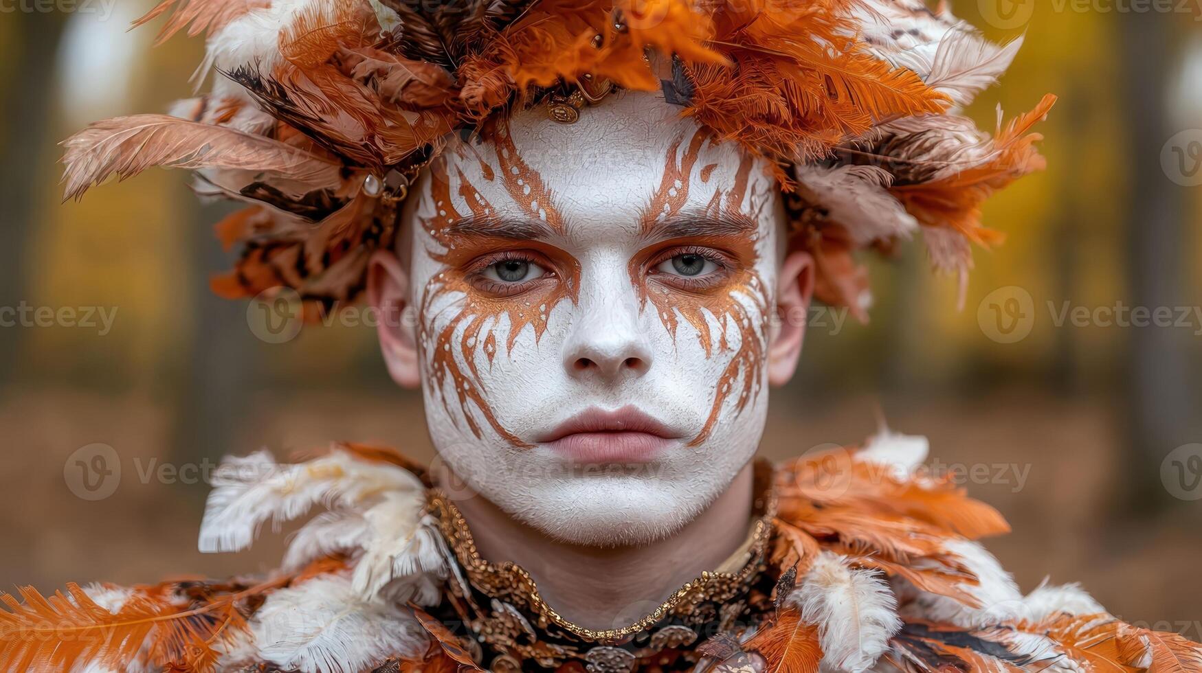 Autumnal fantasy portrait of a person with face paint and feathers photo