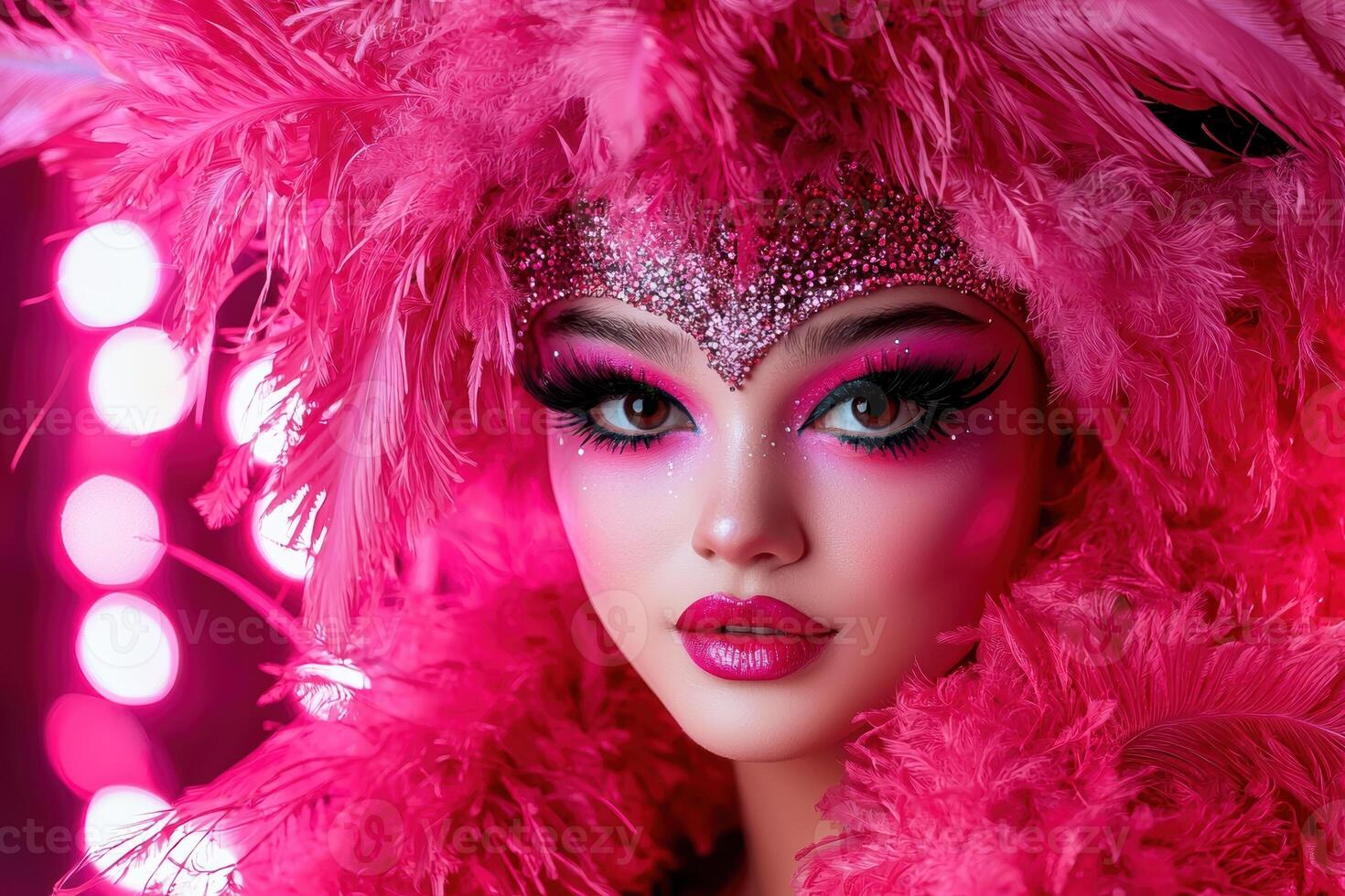 Close up portrait of a woman with bright pink makeup and feather boa photo