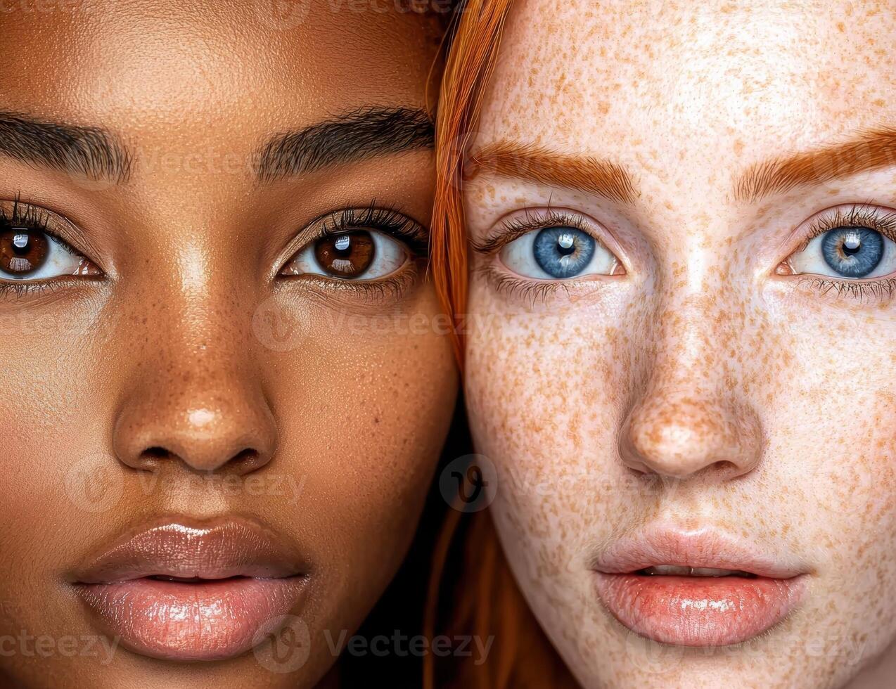 Close up of two womens faces, one with dark skin and brown eyes, the other with fair skin, freckles, and blue eyes photo