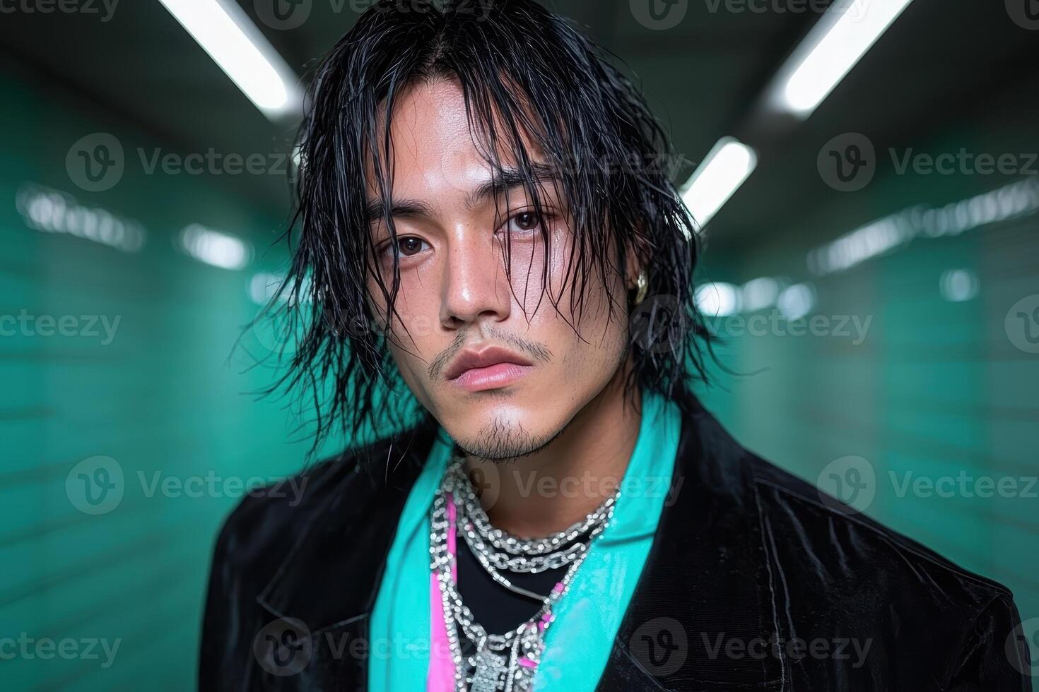 Stylish young man with long hair posing in a subway tunnel photo