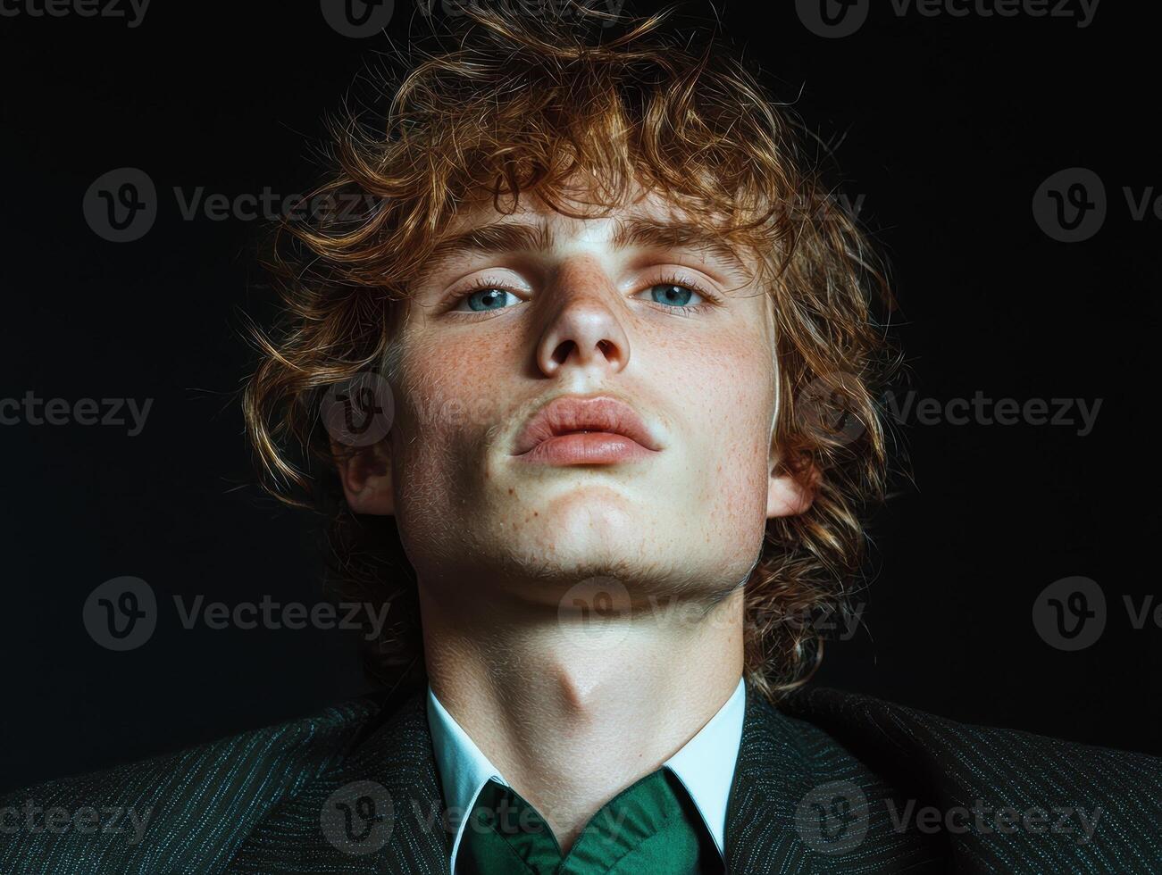 Portrait of a young man with curly red hair wearing a suit photo